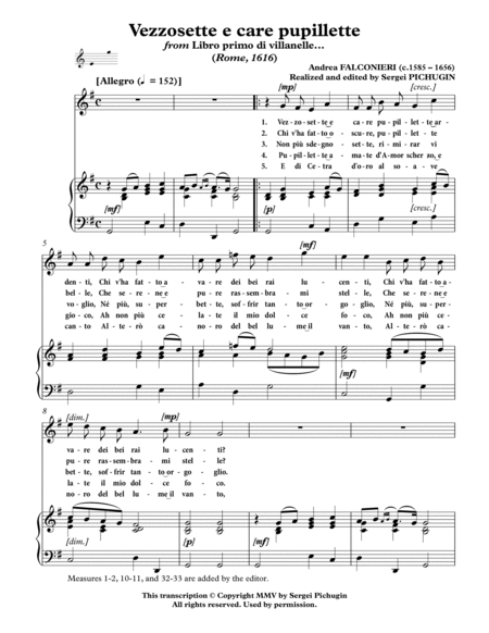 FALCONIERI Andrea: Vezzosette e care pupillette, villanella, arranged for Voice and Piano (G major) image number null