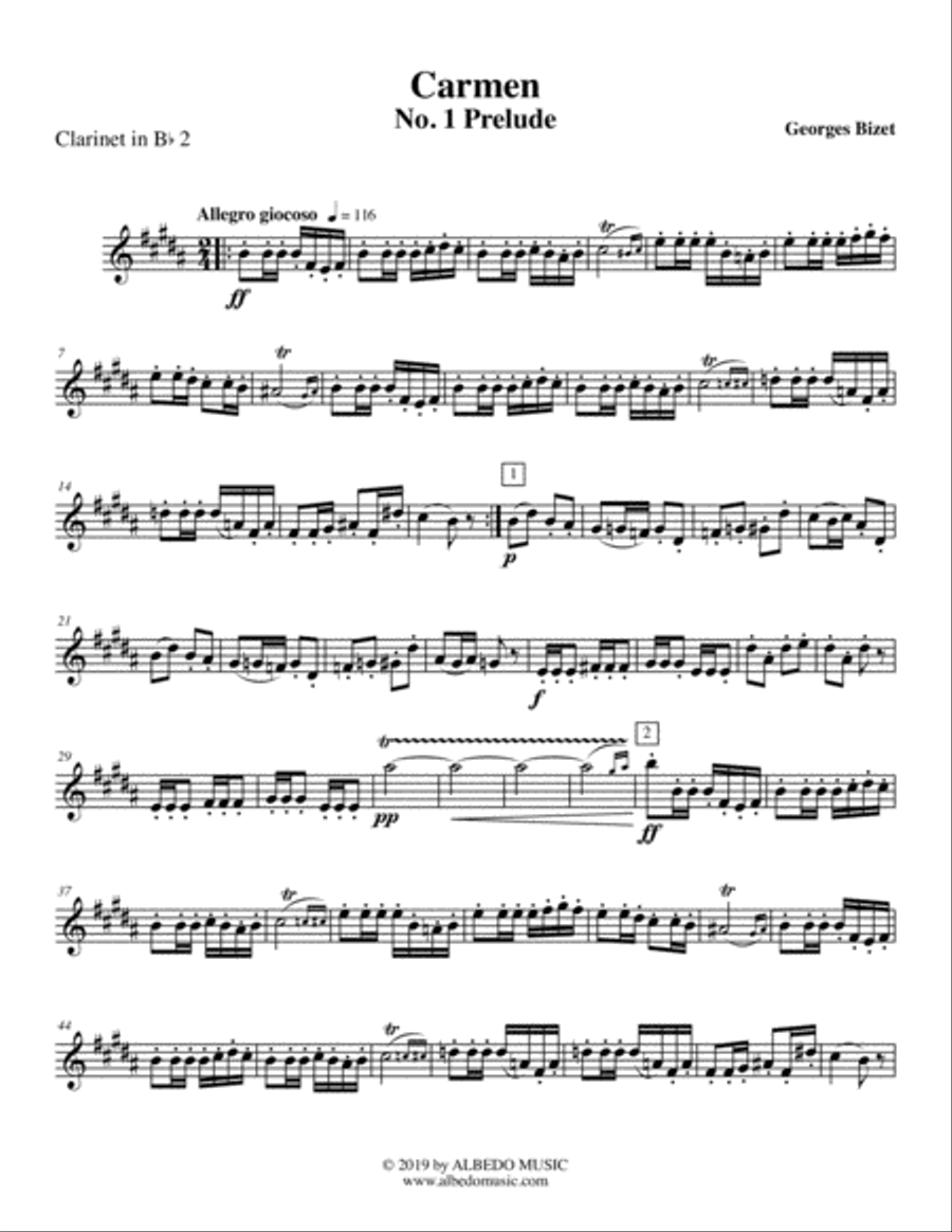 Carmen, No. 1 Prelude - Clarinet in Bb 2 (Transposed Part) B-Flat Clarinet scores gallery preview page 1