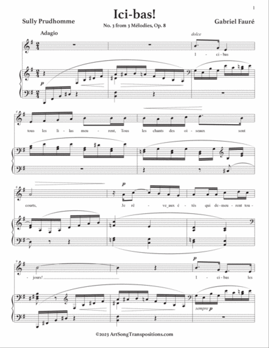 FAURÉ: Ici-bas! Op. 8 no. 3 (transposed to F minor, E minor, and E-flat minor) Voice scores gallery preview page 6