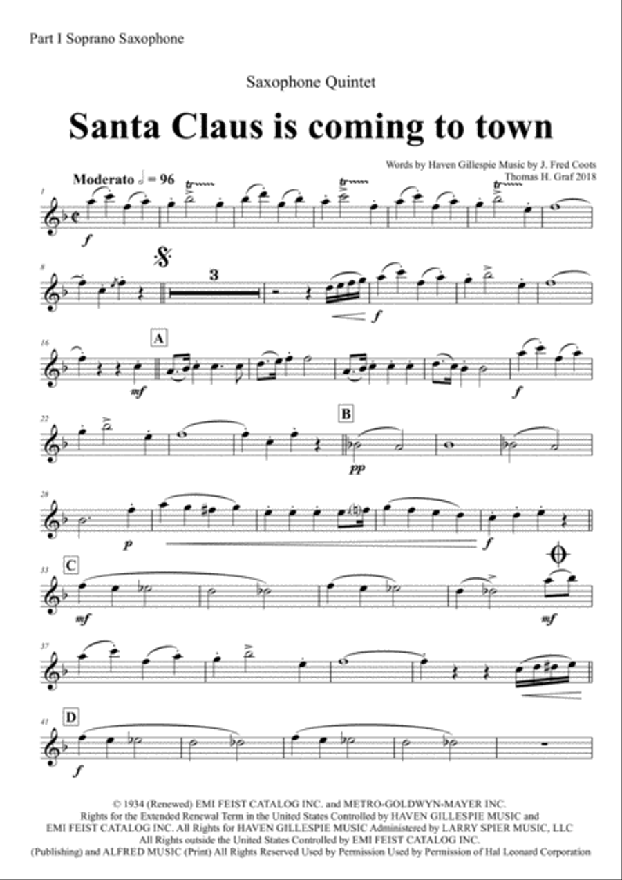 Santa Claus Is Comin' To Town Saxophone Quintet scores gallery preview page 5