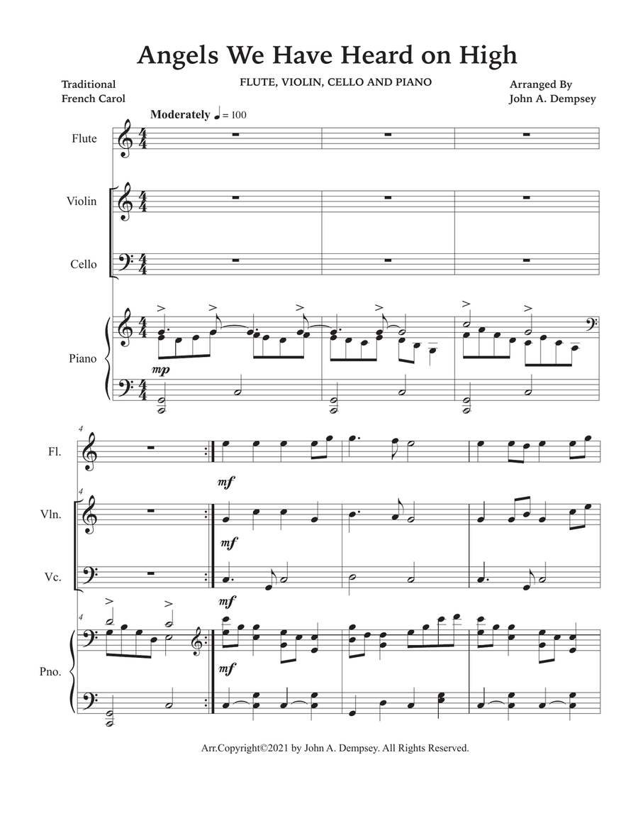 Angels We Have Heard on High (Quartet for Flute, Violin, Cello and Piano) Small Ensemble scores gallery preview page 5