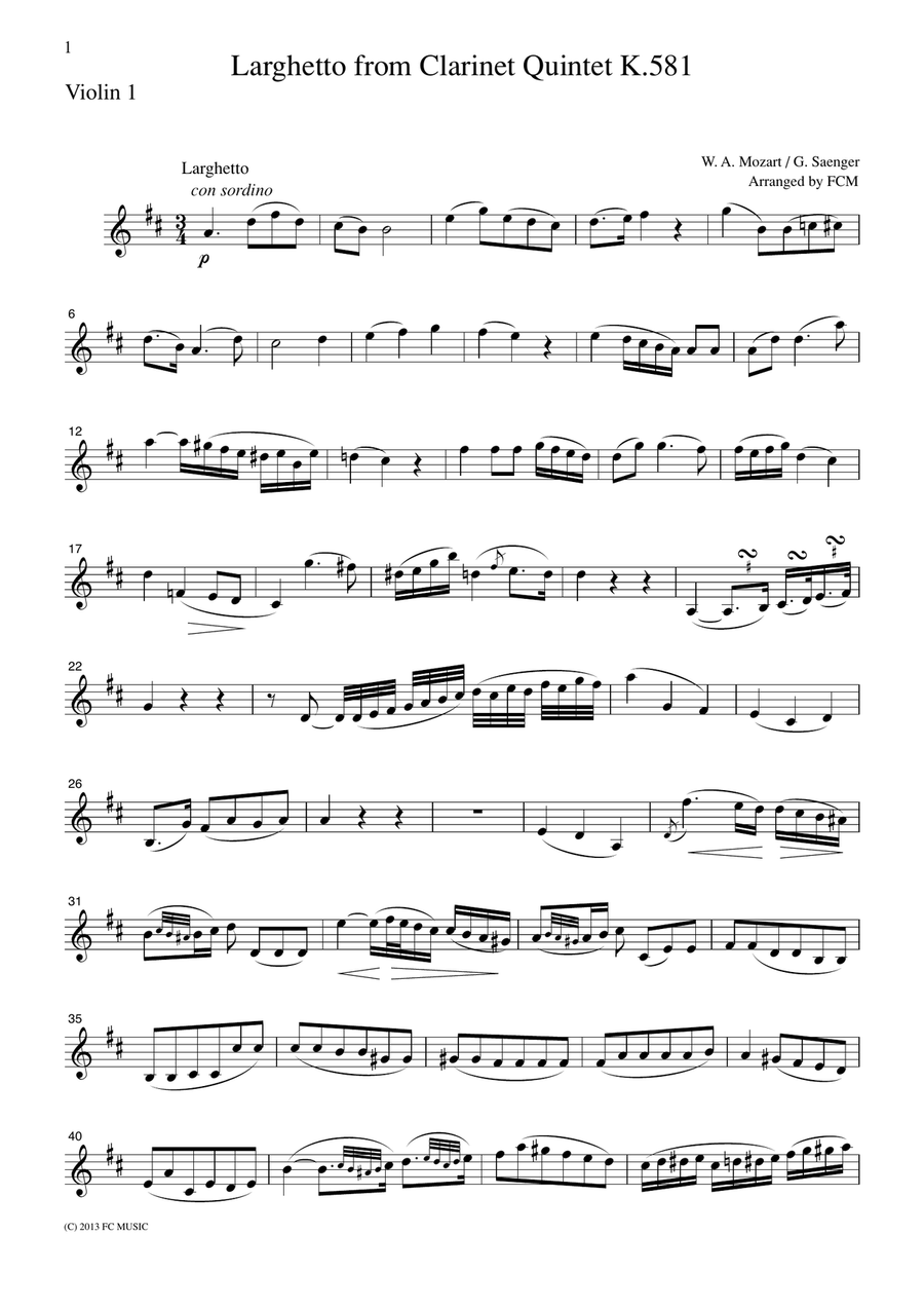 Mozart Larghetto from Clarinet Quintet K.581, for 4 Violins, VN403 String Quartet scores gallery preview page 4
