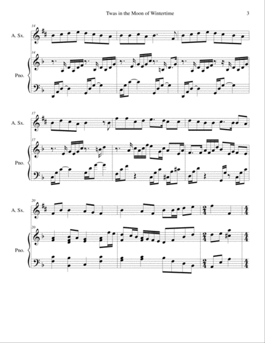 Twas in the Moon of Wintertime/The Huron Carol (alto sax/piano), arr. Brenda Portman Alto Saxophone scores gallery preview page 3