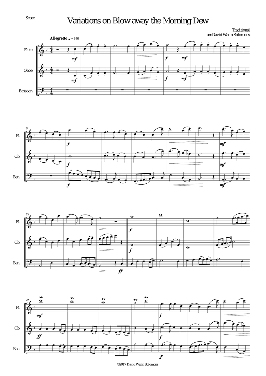 Variations on Blow away the morning dew for wind trio (flute, oboe, bassoon) Woodwind Trio scores gallery preview page 1