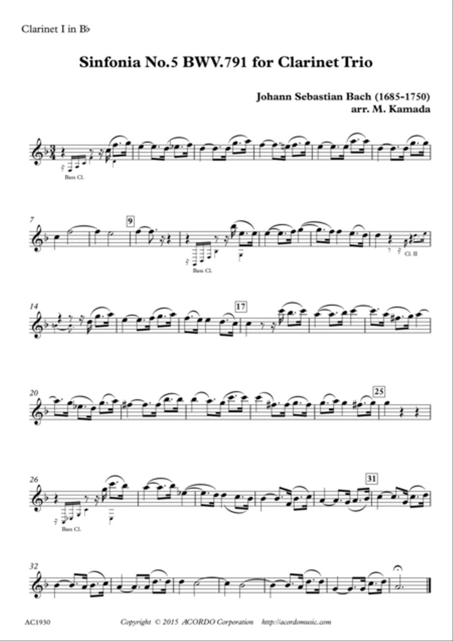 Sinfonia No.5 BWV.791 for Clarinet Trio Clarinet Trio scores gallery preview page 3