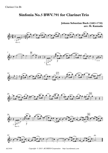 Sinfonia No.5 BWV.791 for Clarinet Trio image number null