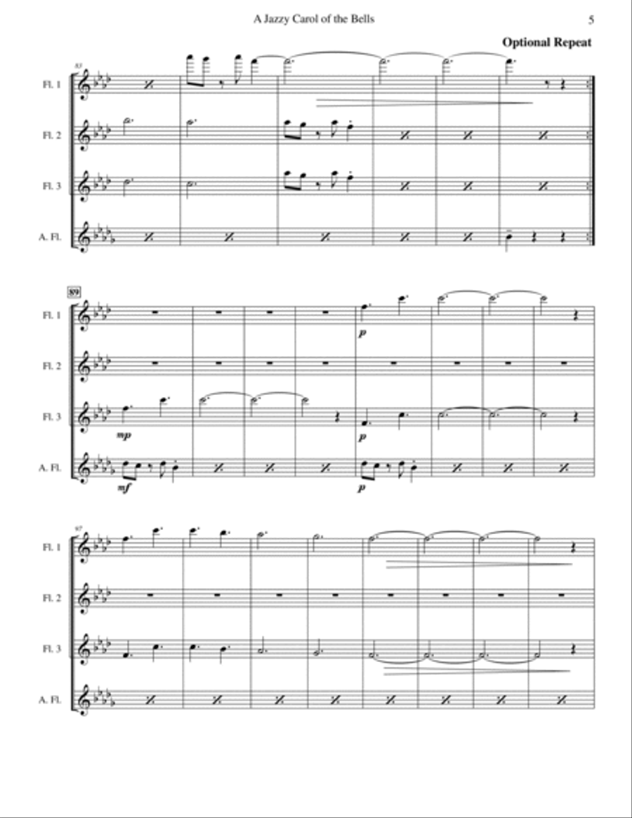 Carol of the Bells (Jazz Waltz for Flute Quartet) Flute Quartet scores gallery preview page 5
