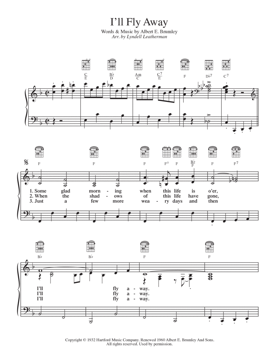 I'll Fly Away Piano, Vocal, Guitar scores gallery preview page 1