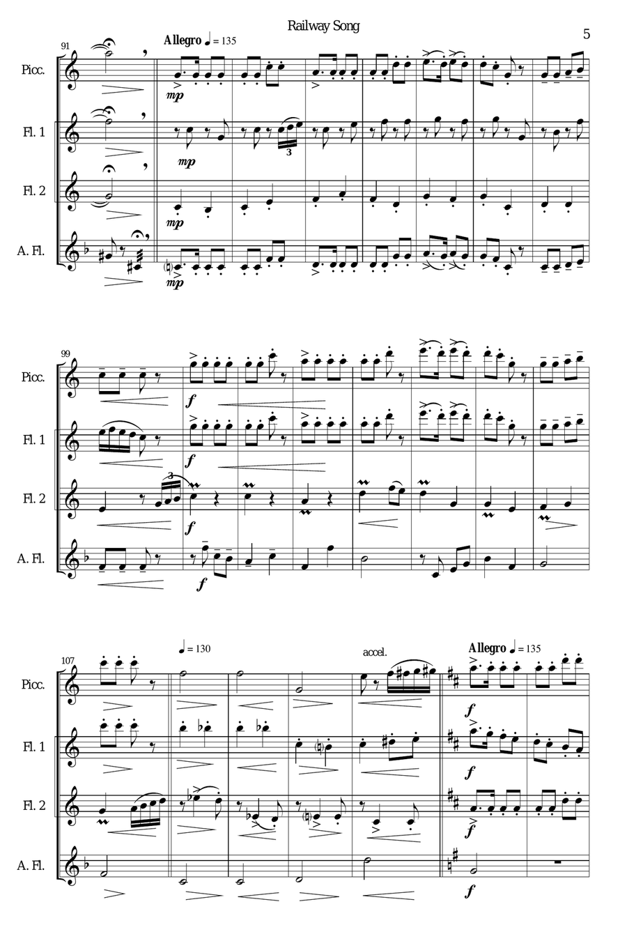 Railway Song (Auf de schwäb'sche Eisebahne) for piccolo, 2 flutes, alto flute Woodwind Quartet scores gallery preview page 5
