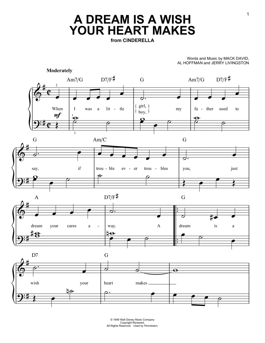 A Dream Is A Wish Your Heart Makes (from Cinderella) Easy Piano scores gallery preview page 1