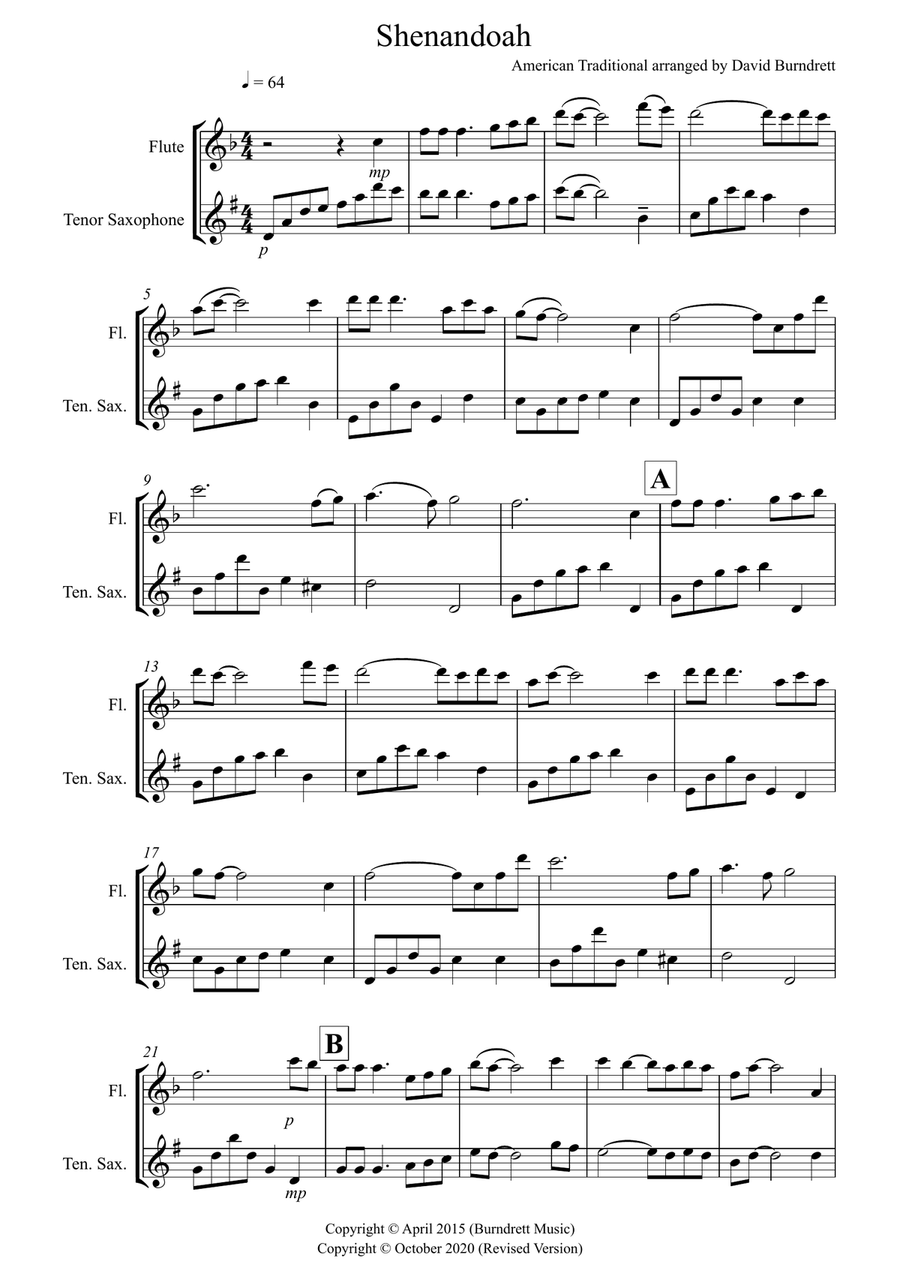 Shenandoah – Flute & Tenor Saxophone Duet – Intermediate Level