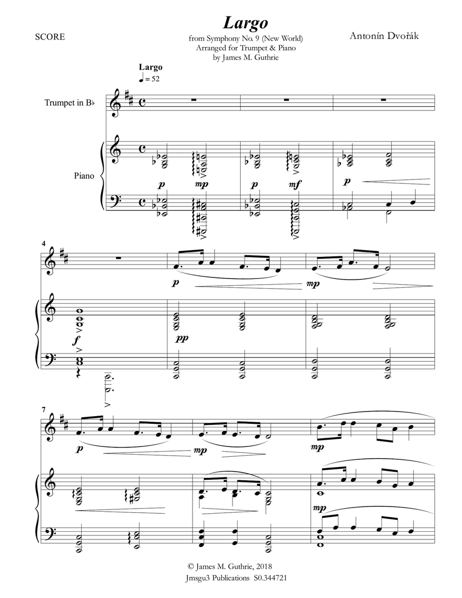 Dvořák: Largo from the New World Symphony for Trumpet & Piano B-Flat Trumpet scores gallery preview page 1