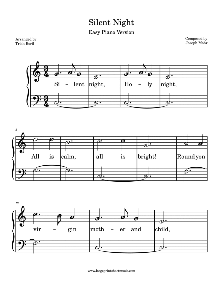 Silent Night Easy Piano LARGE PRINT With Note Names In Note Heads Easy Piano scores gallery preview page 1