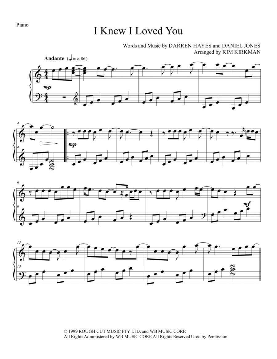 I Knew I Loved You Piano Solo scores gallery preview page 1