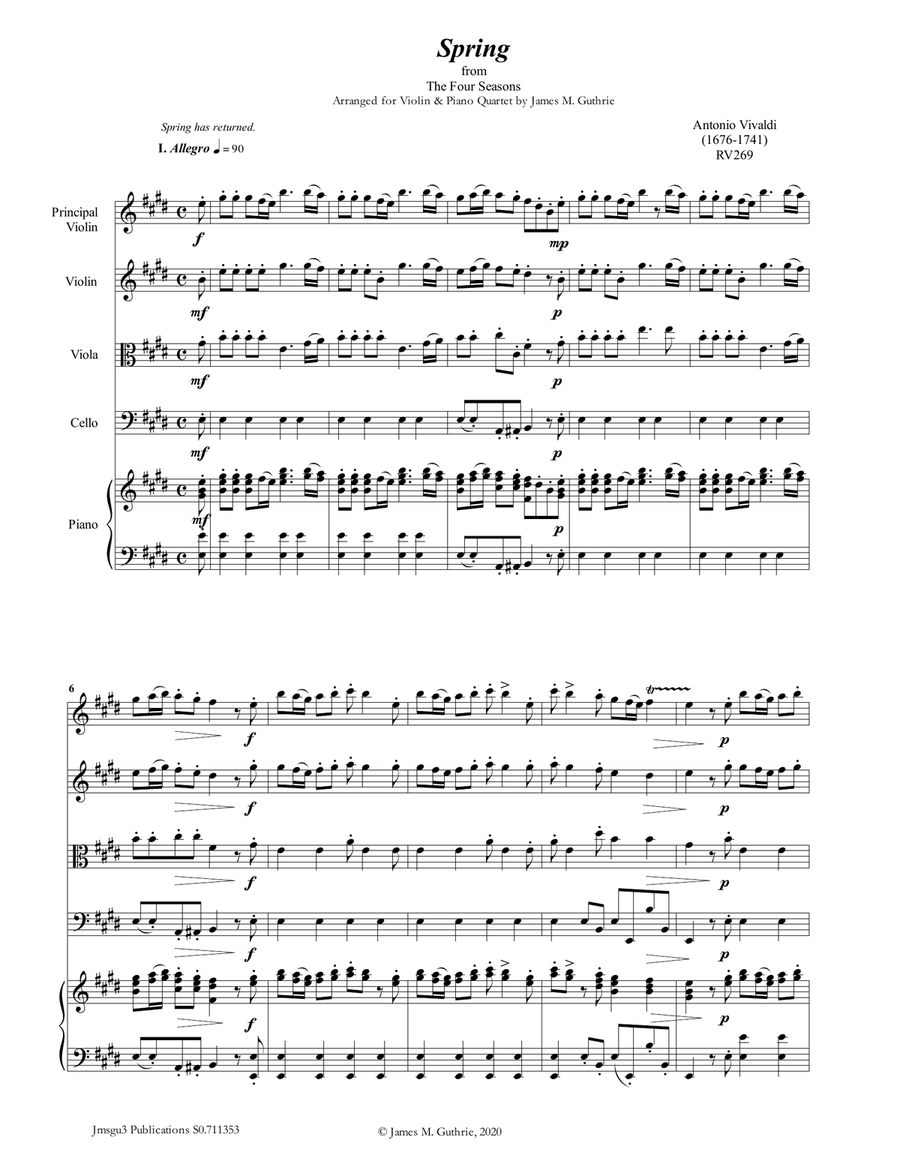 Vivaldi: Spring from the Four Seasons for Violin & Piano Quartet Piano Quartet scores gallery preview page 1