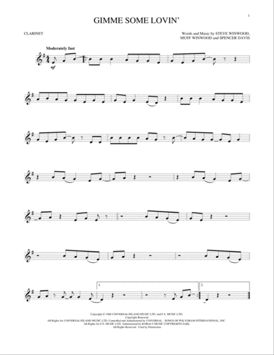 Gimme Some Lovin' Gimme Some Lovin' Clarinet Solo scores gallery preview page 1