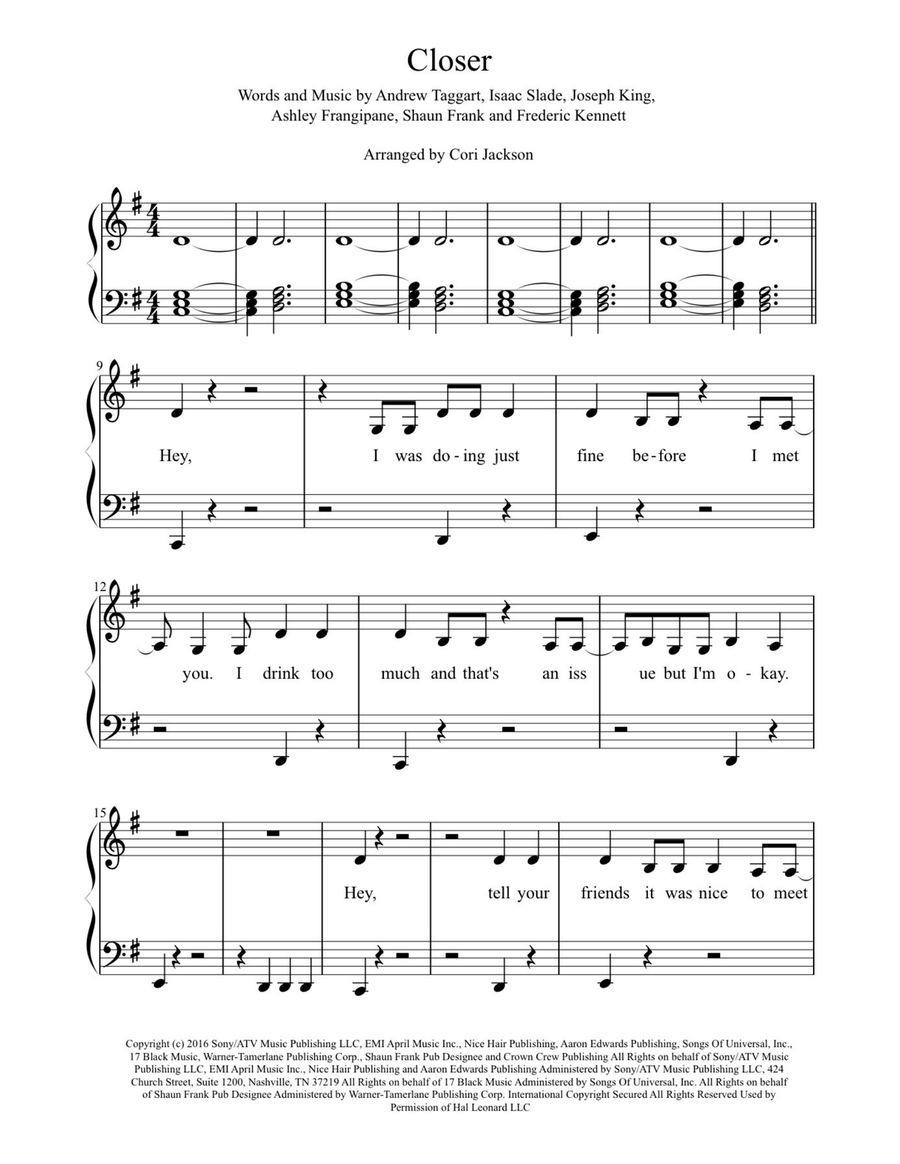 Closer Easy Piano scores gallery preview page 1