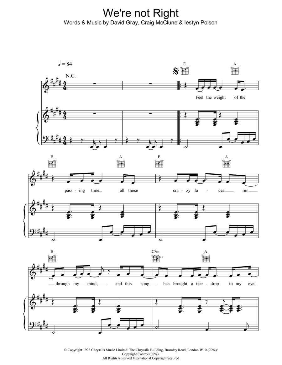 We're Not Right Piano, Vocal, Guitar scores gallery preview page 1