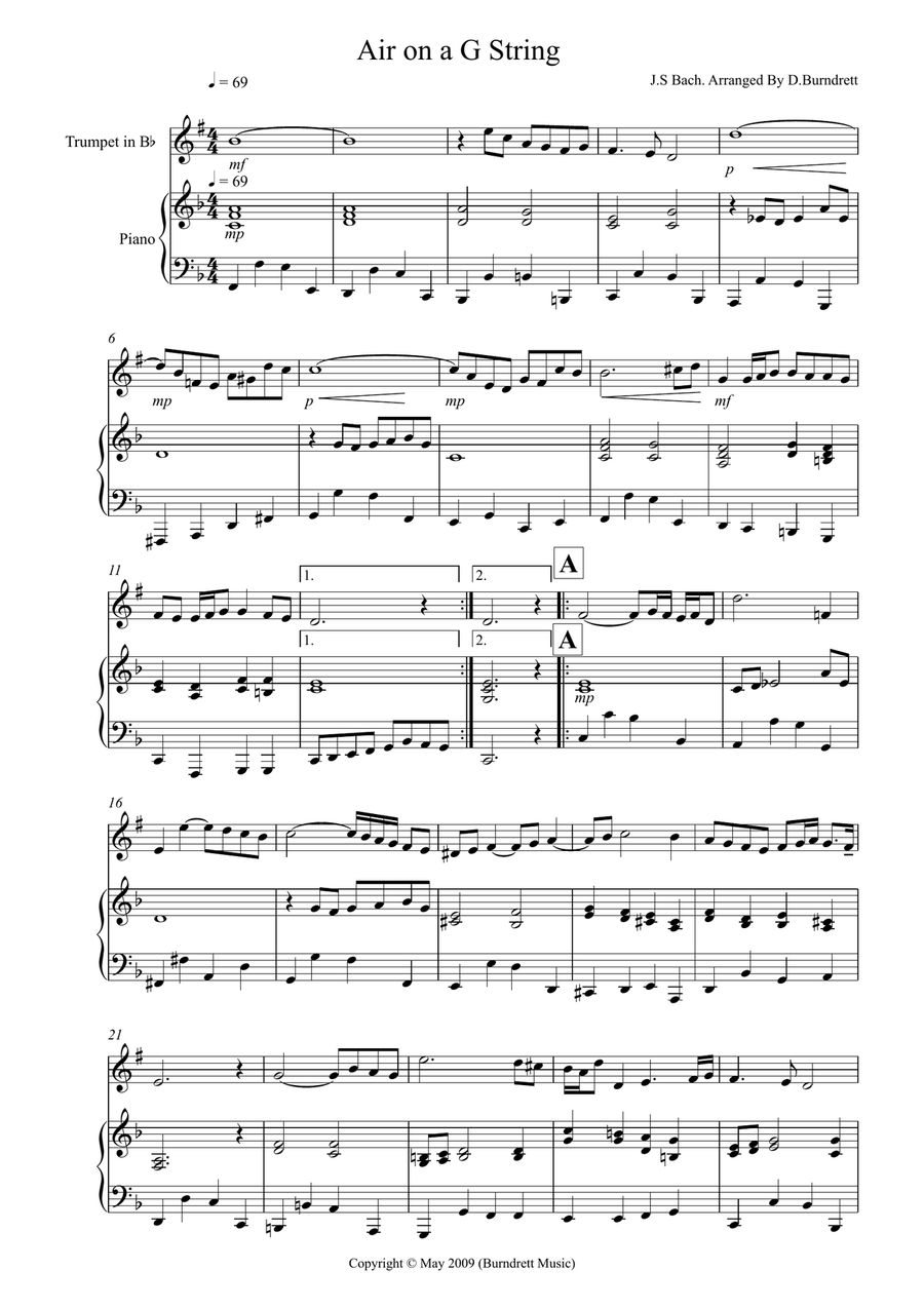 Air On A G String for Trumpet And Piano Trumpet Duet scores gallery preview page 1