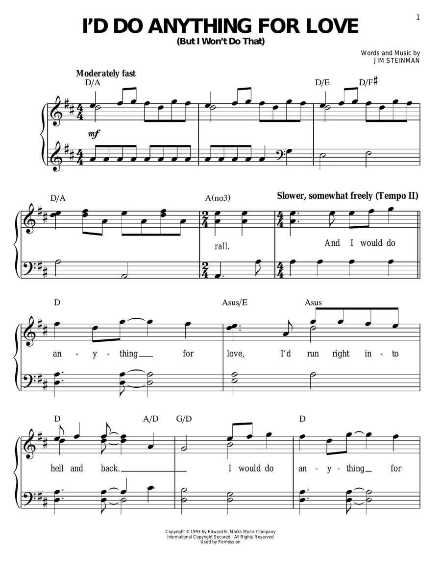 I'd Do Anything For Love (But I Won't Do That) Easy Piano scores gallery preview page 1