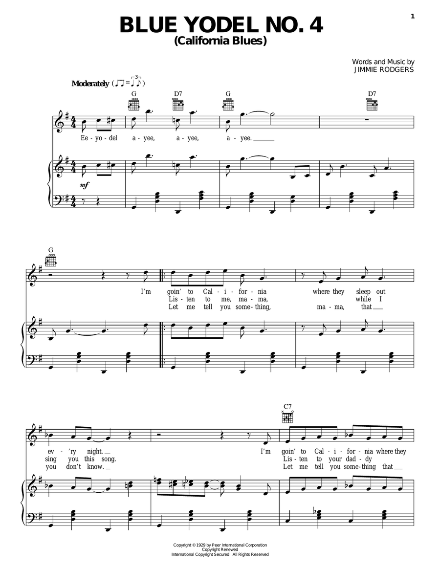 Blue Yodel No. 4 (California Blues) Piano, Vocal, Guitar scores gallery preview page 1