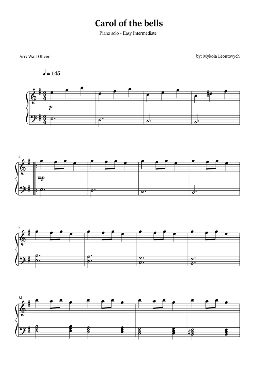 Carol of The Bells - Easy Intermediate Piano in E minor Piano Solo scores gallery preview page 1