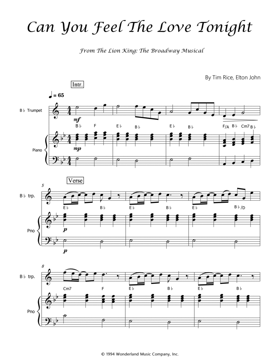 Can You Feel The Love Tonight B-Flat Trumpet scores gallery preview page 1