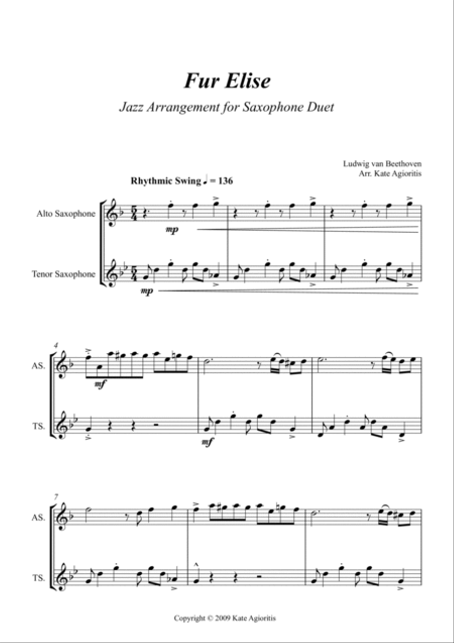 Fur Elise - Jazz Duet for A/T Saxophones Fur Elise - Jazz Duet for A/T Saxophones Woodwind Duet scores gallery preview page 4