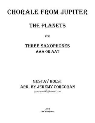 Book cover for Chorale from Jupiter for Saxophone Trio (AAA or AAT)