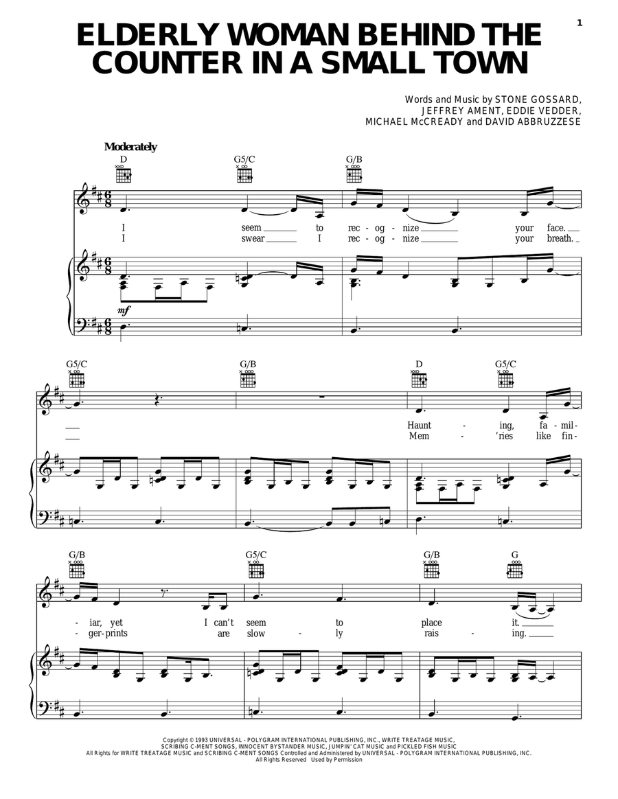 Elderly Woman Behind The Counter In A Small Town Piano, Vocal, Guitar scores gallery preview page 1
