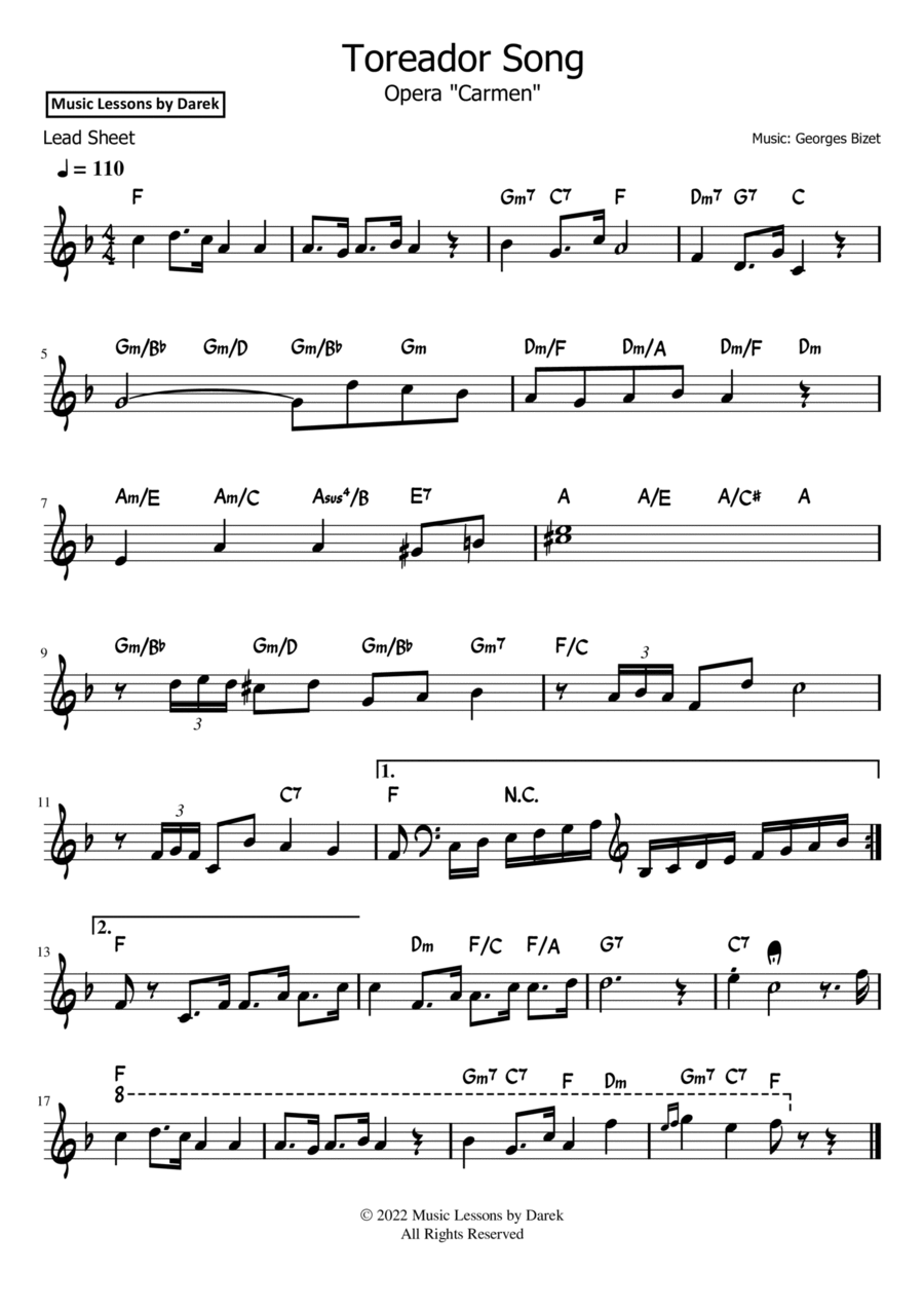 Toreador Song / March of the Toreadors (LEAD SHEET) Opera 