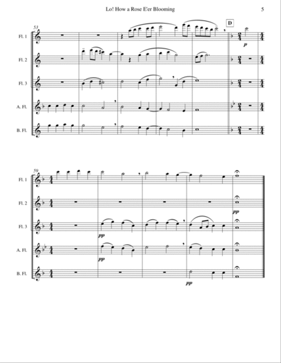 Lo! How a Rose E'er Blooming (Flute Quintet or Choir) Flute Choir scores gallery preview page 5