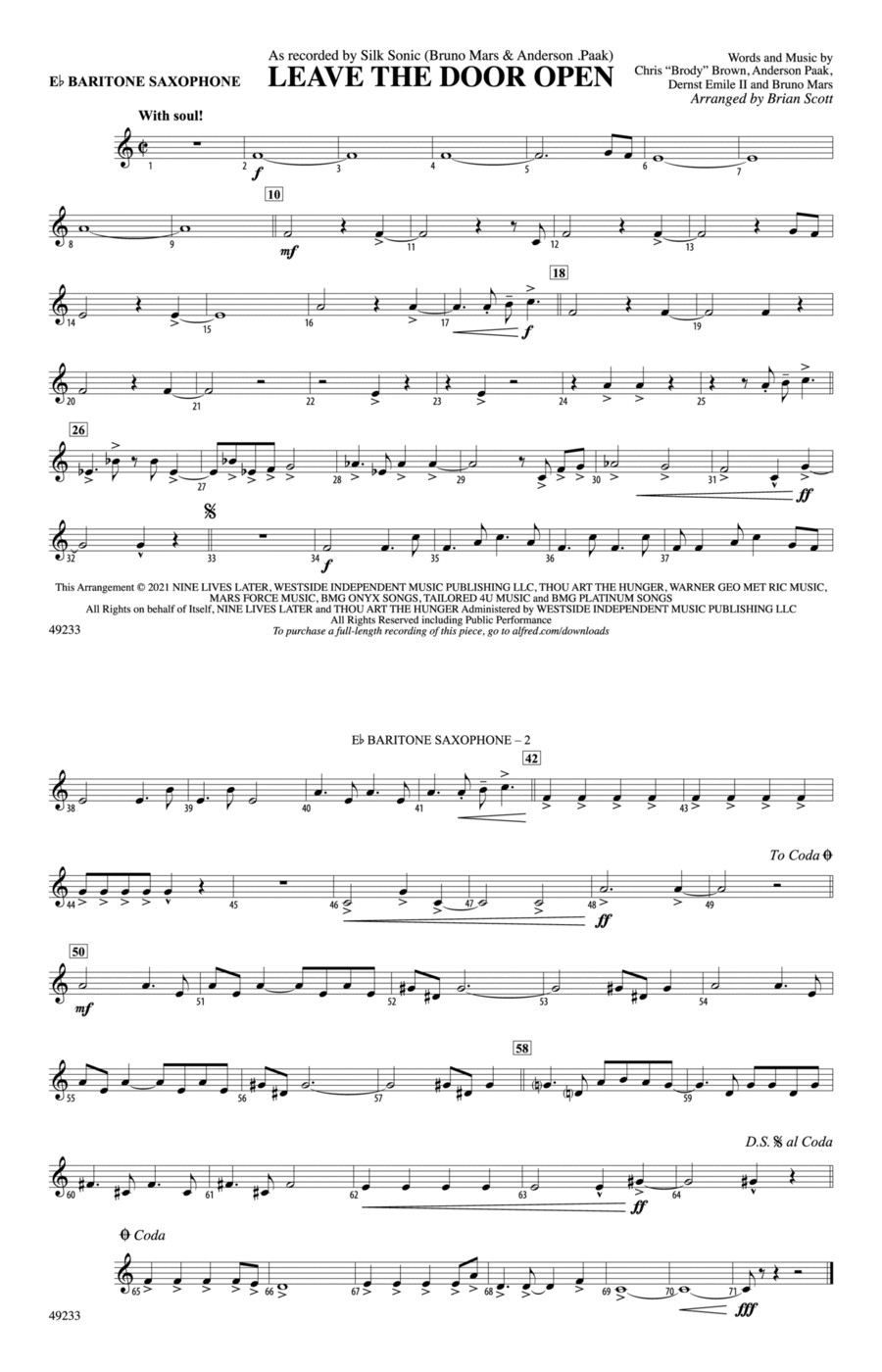 Leave the Door Open: E-flat Baritone Saxophone Marching Band scores gallery preview page 1