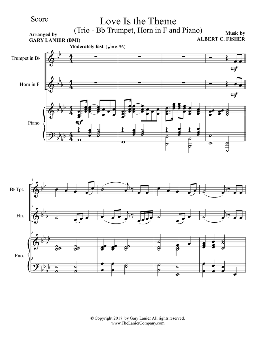 LOVE IS THE THEME (Trio – Bb Trumpet, Horn in F & Piano with Score/Parts) Brass Duet scores gallery preview page 2
