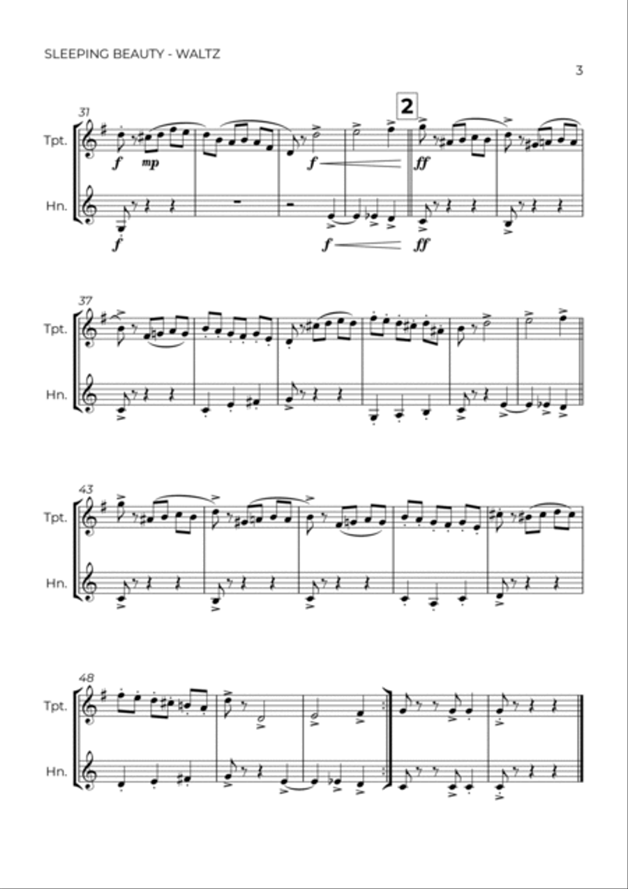 SLEEPING BEATY WALTZ - TCHAIKOVSKY - TRUMPET & HORN Brass Duet scores gallery preview page 3