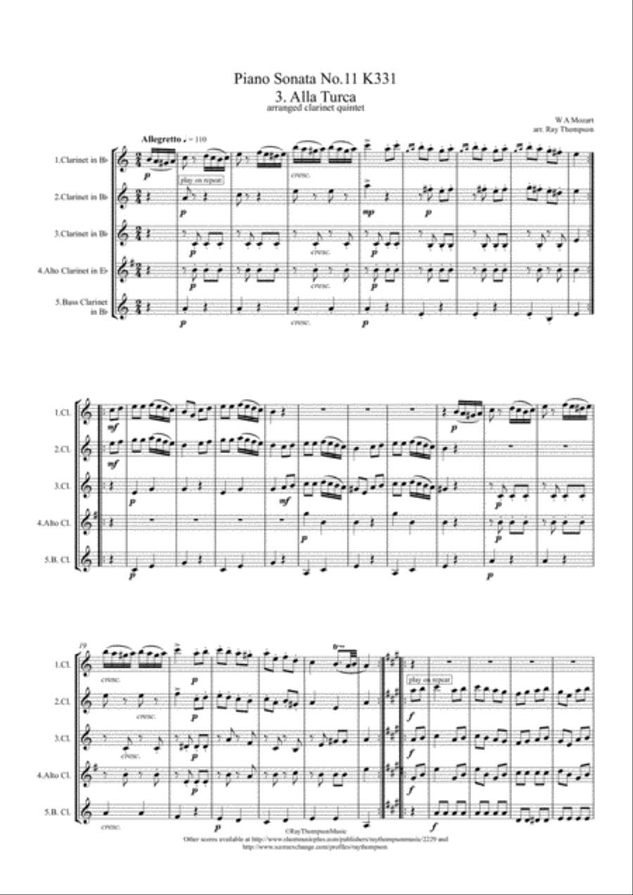 Mozart: Piano Sonata No.11 in A K331. Mvt. III Rondo Alla Turca (Turkish March) - clarinet quintet Woodwind Quintet scores gallery preview page 1