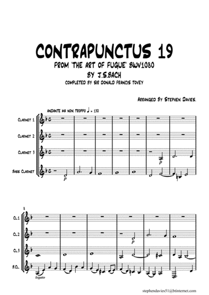 Contrapunctus 19 from ' The Art of Fugue' By J.S.Bach BWV1080 For Clarinet Quartet. image number null