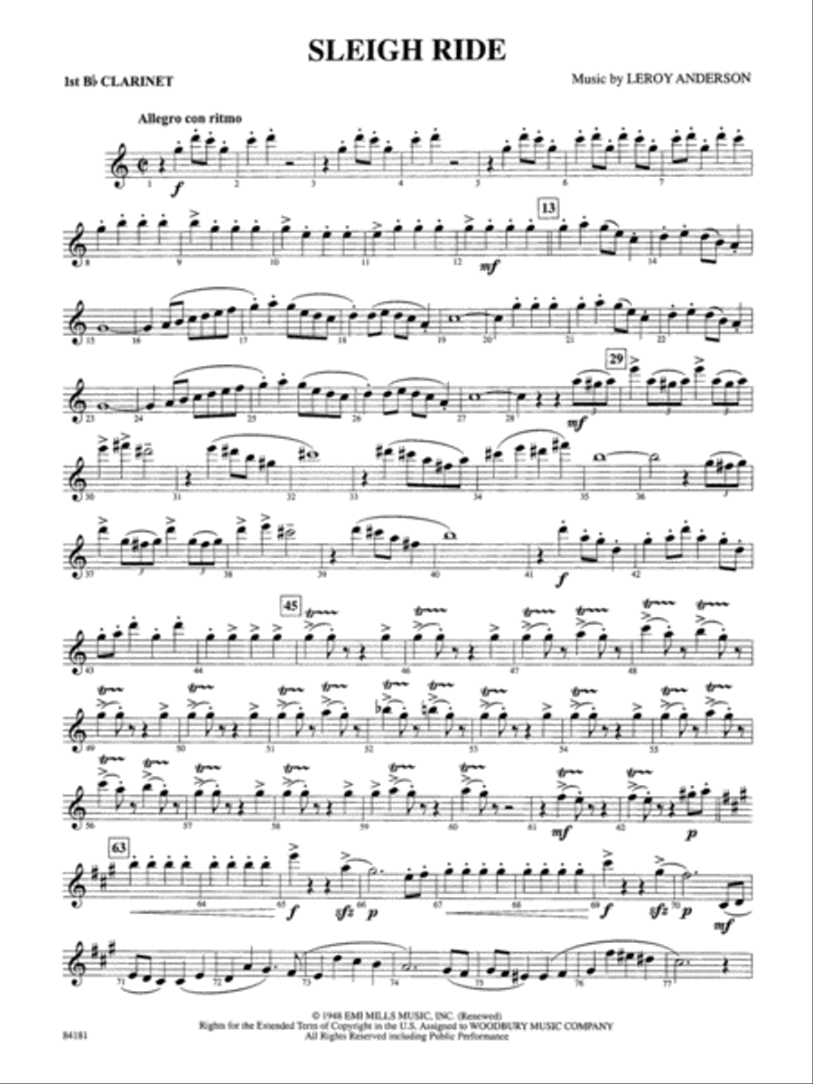 Sleigh Ride: 1st B-flat Clarinet Concert Band scores gallery preview page 1