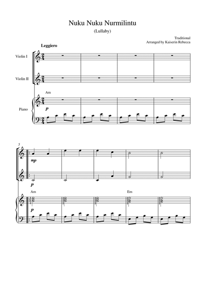 Nuku Nuku Nurmilintu (Lullaby) (for violin duet and piano accompaniment) image number null