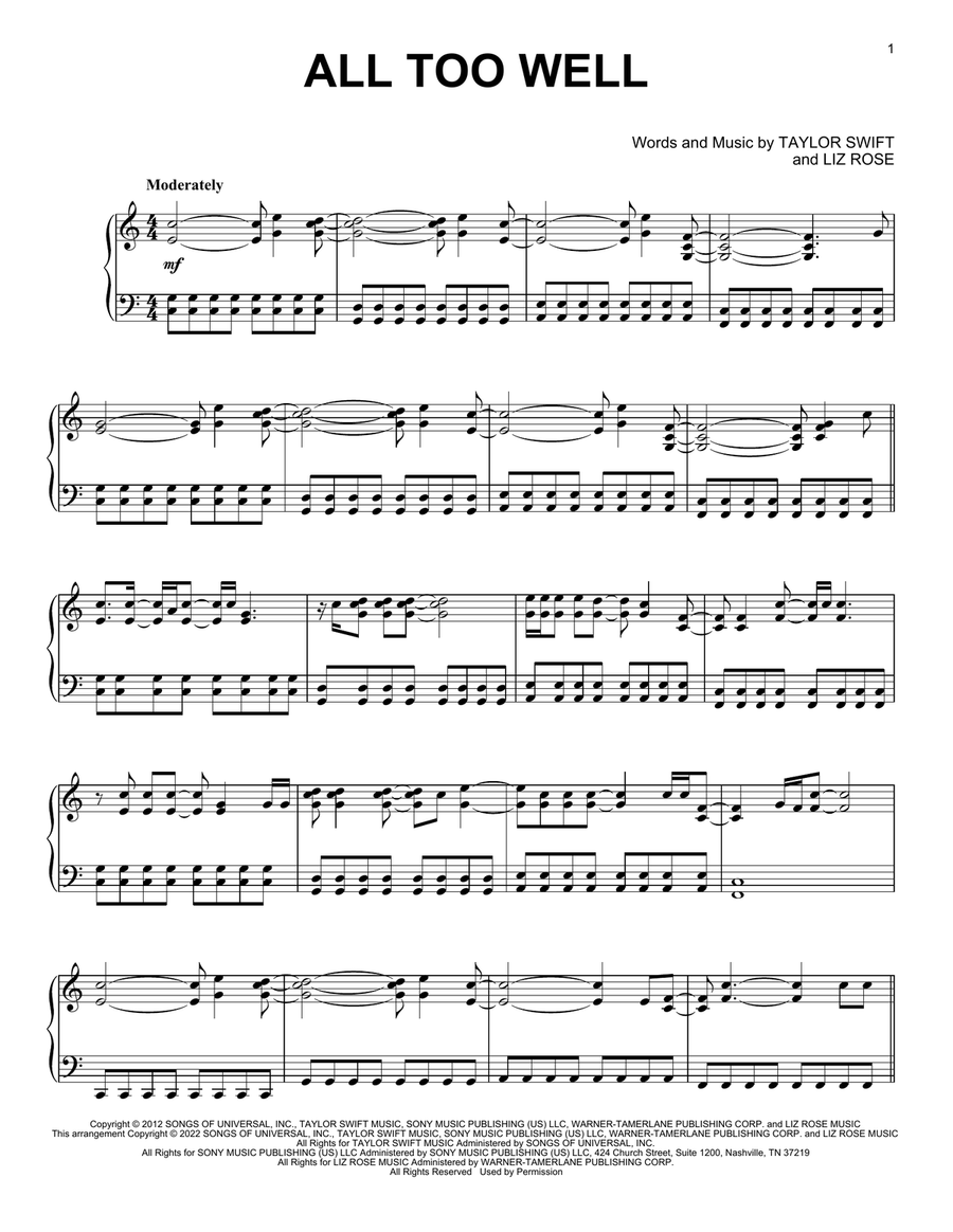 all too well Piano Solo scores gallery preview page 1