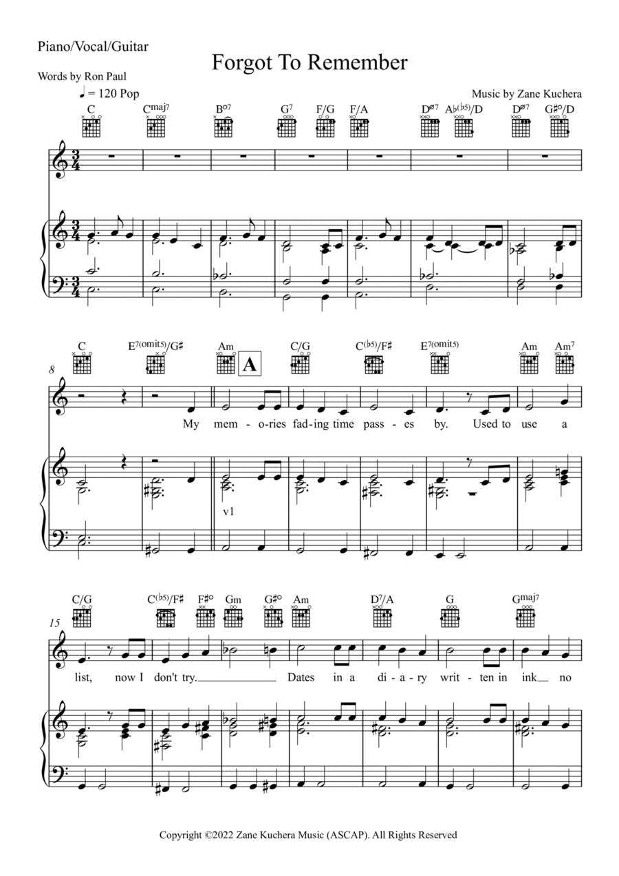 Forgot To Remember Piano, Vocal, Guitar scores gallery preview page 1