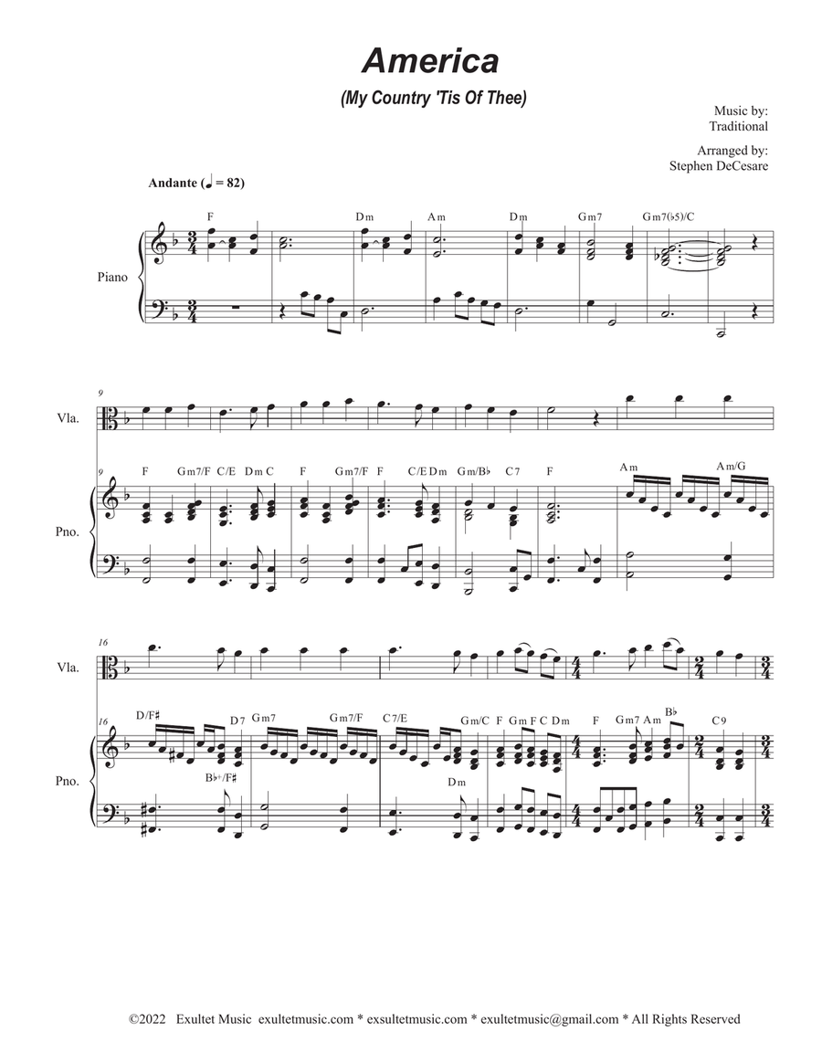 America (My Country, 'Tis of Thee) (Viola solo and Piano) Piano scores gallery preview page 1