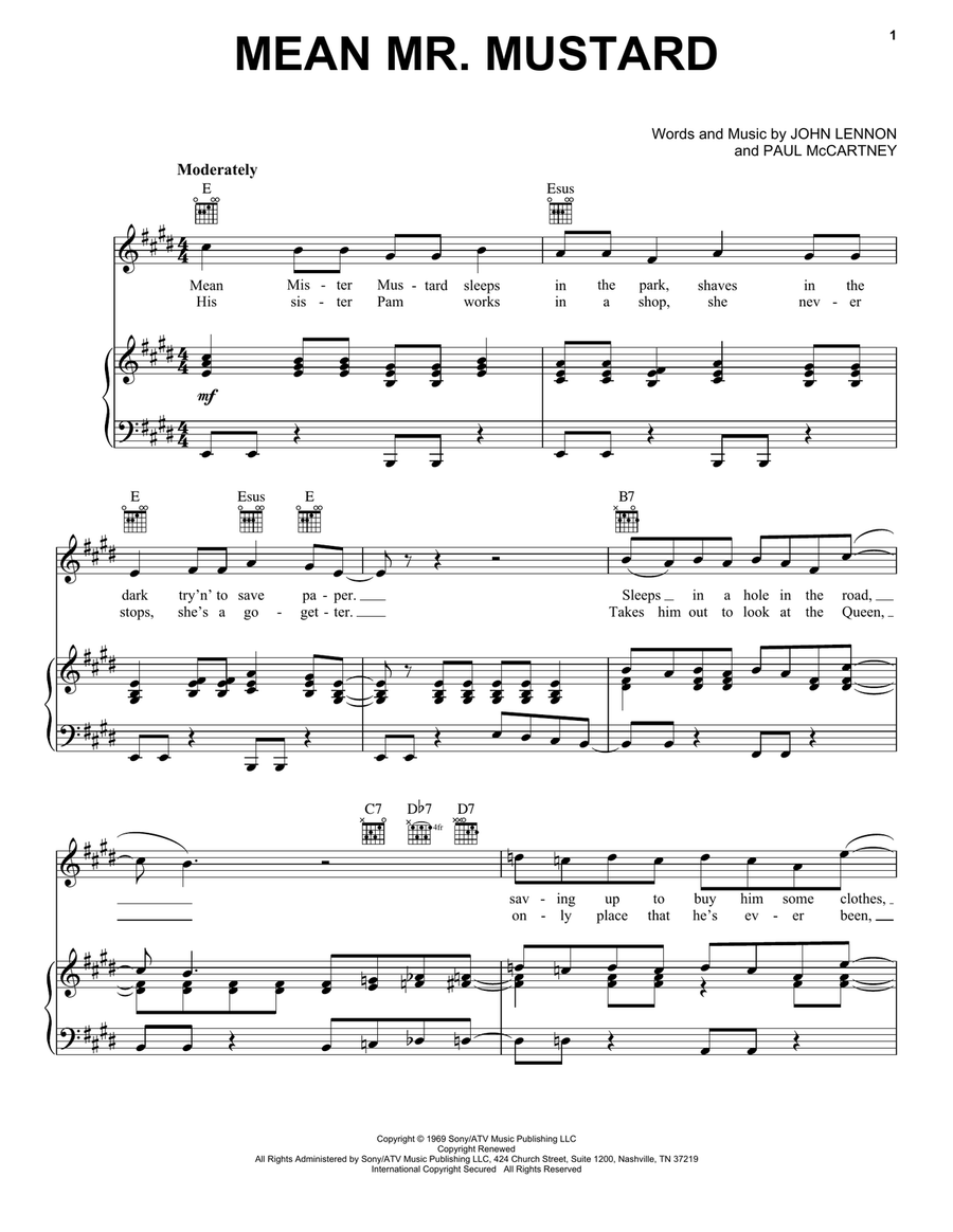 Mean Mr. Mustard Piano, Vocal, Guitar scores gallery preview page 1