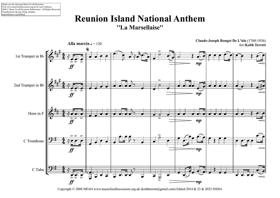 Reunion Island National & Local Anthems ''La Marsellaise'' & "P'tite fleur aimée" for Brass Quintet image number null