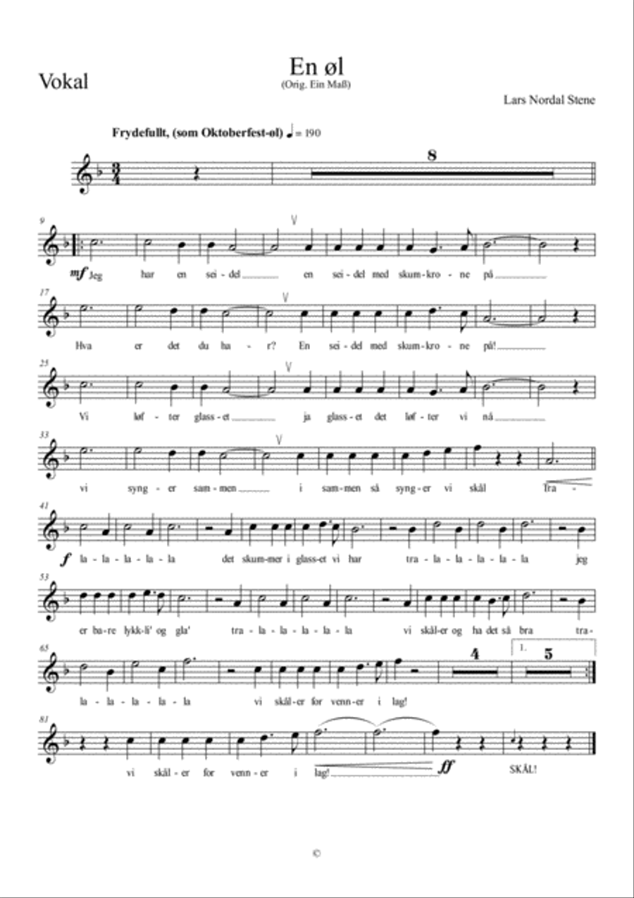 Ein Maß : norsk - En øl - for oktoberfest-orkester med sang-tekst (2min30sek) Piano, Vocal, Guitar scores gallery preview page 2