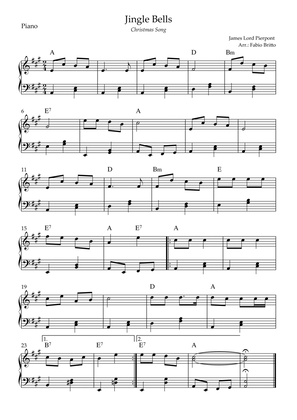 Jingle Bells (Christmas Song) for Easy Piano Solo with Chords (A Major)