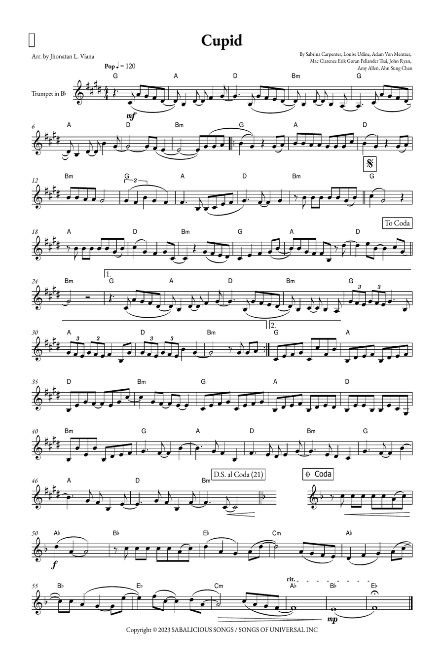 Cupid - Twin Version (Feat. Sabrina Carpenter) B-Flat Trumpet scores gallery preview page 1