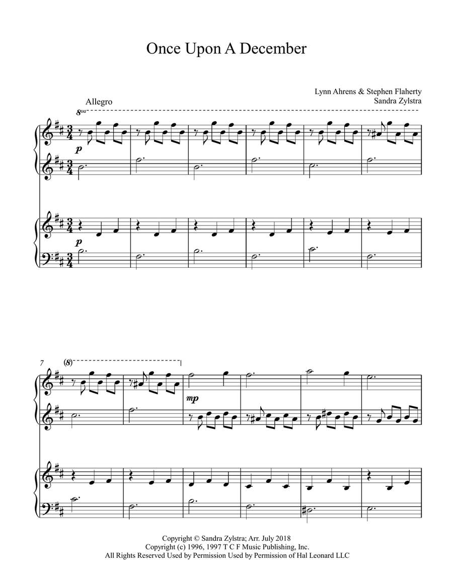 Once Upon A December from the Twentieth Century Fox Motion Picture ANASTASIA 1 Piano, 4-Hands scores gallery preview page 2
