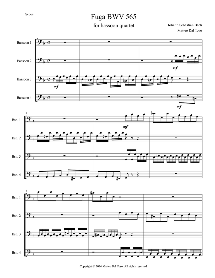 J. S. Bach - Fugue BWV 565 for bassoon quartet Woodwind Quartet scores gallery preview page 2