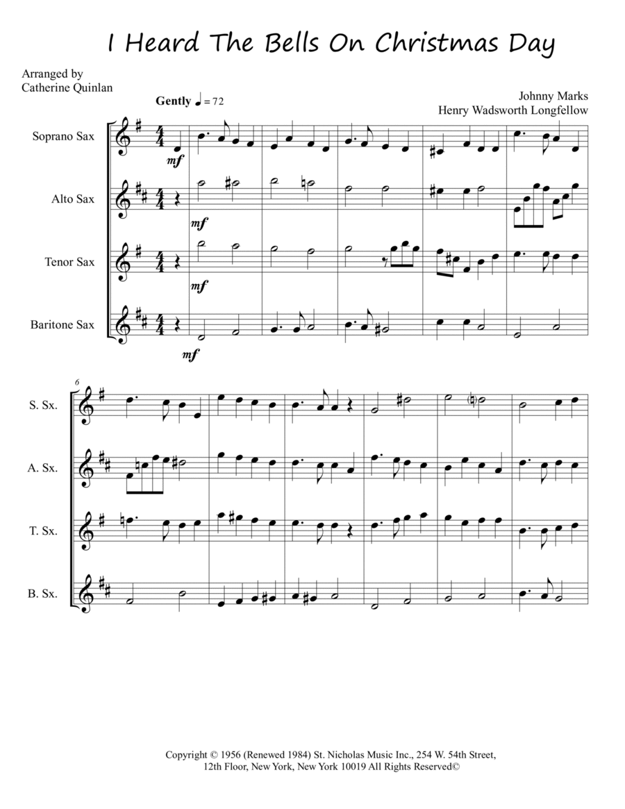 I Heard The Bells On Christmas Day Saxophone Quartet scores gallery preview page 1